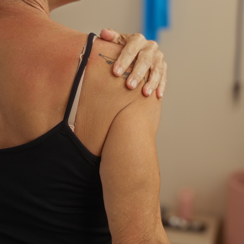 Mature woman holding shoulder experiencing pain in gym interior