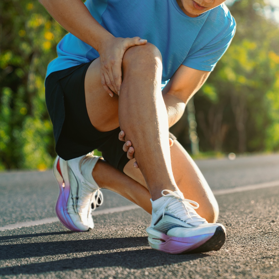 Close up of athlete holding painful knee after running. Sports injury, overuse strain, and medical fitness concept in nature.