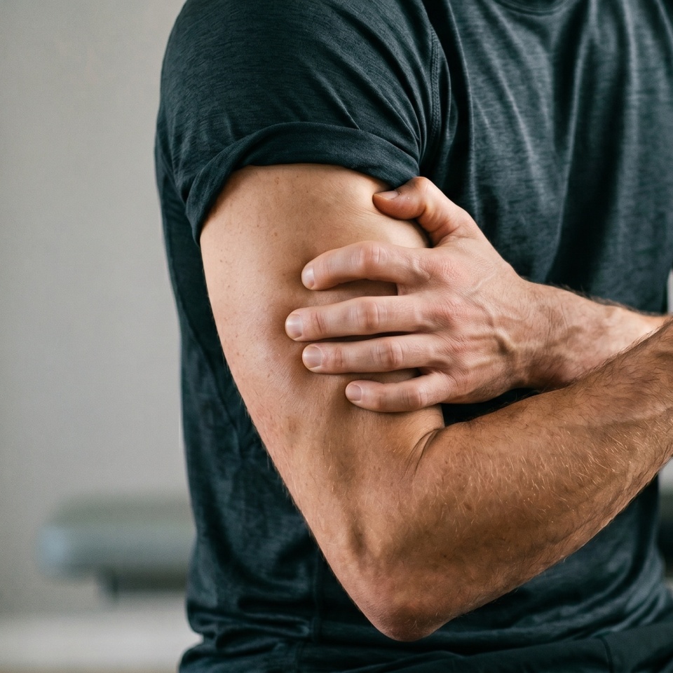 Close up of a man holding his painful upper arm due to muscle injury