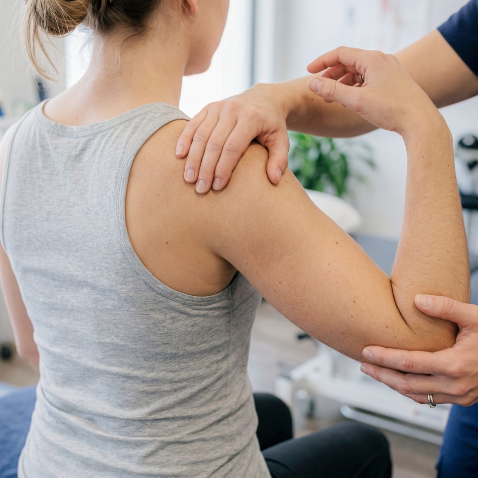 A person in a gray tank top sits while another person examines and supports their shoulder and elbow, likely during a physical therapy or medical assessment.