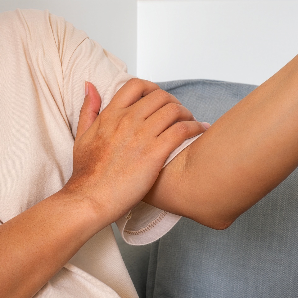 A person wearing a beige shirt sits on a blue sofa, using one hand to touch or examine the elbow of their other arm, possibly indicating discomfort or checking the skin.