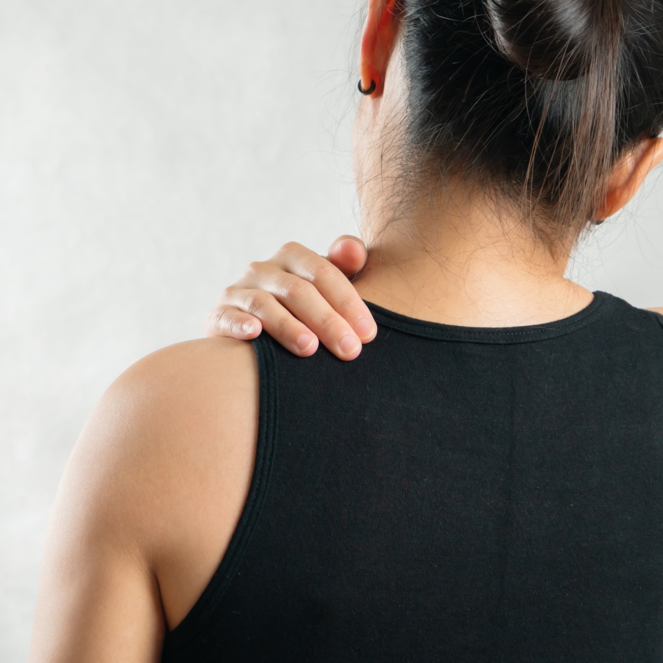 young women neck and shoulder pain injury, healthcare and medical concept