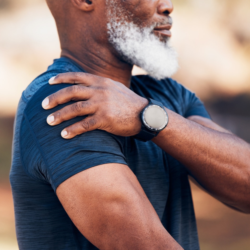 Senior hands, shoulder pain or injury in nature after accident, workout or training. Sports, health or elderly black man with fibromyalgia, inflammation and tendinitis, arthritis and painful arm