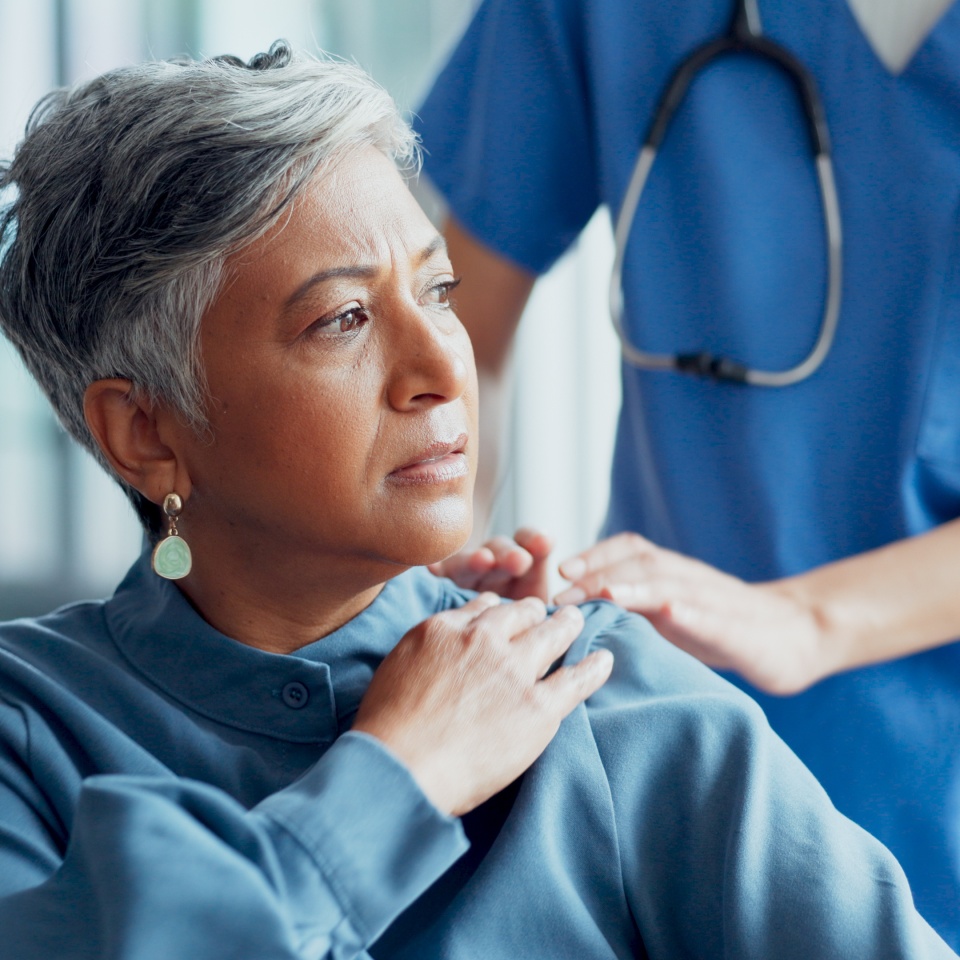 Physiotherapy, shoulder pain and nurse with senior woman in clinic for recovery. Physical therapy, rehabilitation and elderly female consulting medical physician for help with injury in hospital