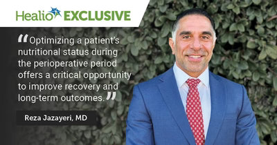 A man in a blue suit and red tie smiles while standing in front of leafy bushes. Next to him is a quote about the importance of optimizing nutritional status during the perioperative period, credited to Reza Jazayeri, MD.