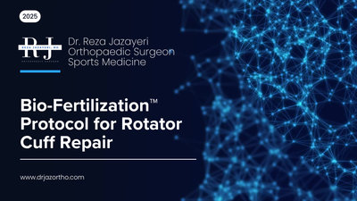 Slide with a blue digital network background, featuring text: “Bio-Fertilization Protocol for Rotator Cuff Repair,” and the name “Dr. Reza Jazayeri, Orthopaedic Surgeon, Sports Medicine.”.