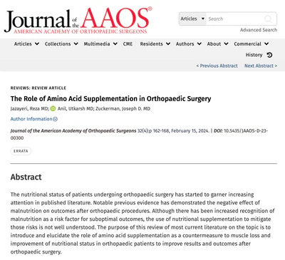 Screenshot of a medical journal article titled The Role of Amino Acid Supplementation in Orthopaedic Surgery from the Journal of the AAOS, showing the abstract about the potential benefits of amino acids for surgical patients.