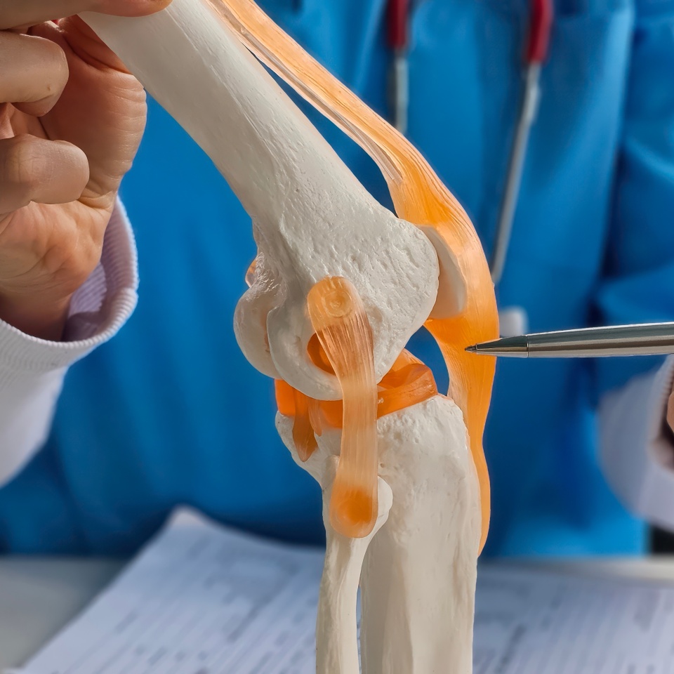 Doctor shows anatomy of structure of human knee joint