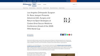 Screenshot of a PR Newswire article headline about Dr. Reza Jazayeri presenting ACL surgery and return-to-sport strategies at a Cedars-Sinai conference before the 2026 FIFA World Cup.