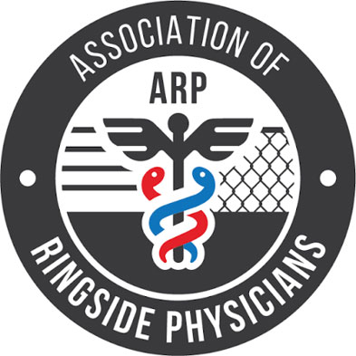 Circular logo for Association of Ringside Physicians. Features a caduceus in center, lines on left, a fence on right, and the text Association of Ringside Physicians ARP around the border.