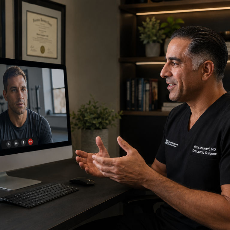 A doctor speaks during a video call with a man shown on his computer screen. The doctor sits at a desk, gesturing with his hands. A diploma and bookshelf are in the background.