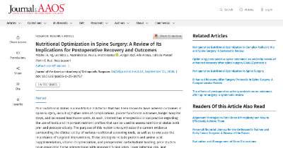 Screenshot of a medical journal article titled Nutritional Optimization in Spine Surgery on the Journal of AAOS website, showing authors, publication info, and sidebar links to related articles.