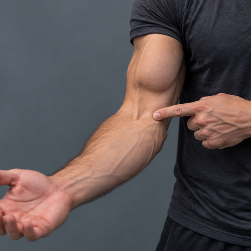 A person in a black shirt points to the prominent veins on their muscular forearm against a plain gray background.