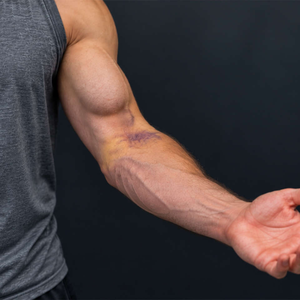 A person in a sleeveless gray shirt shows a flexed arm with visible bruising and swelling near the inner elbow, likely indicating an injury. The background is plain and dark.