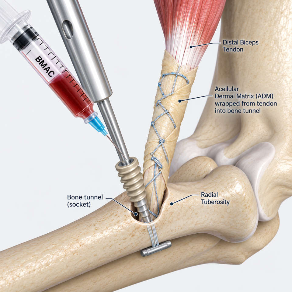 Medical illustration of a biceps tendon repair, showing tendon anchored to bone with sutures, a screw, and labeled parts: distal biceps tendon, acellular dermal matrix, bone tunnel, and radial tuberosity.
