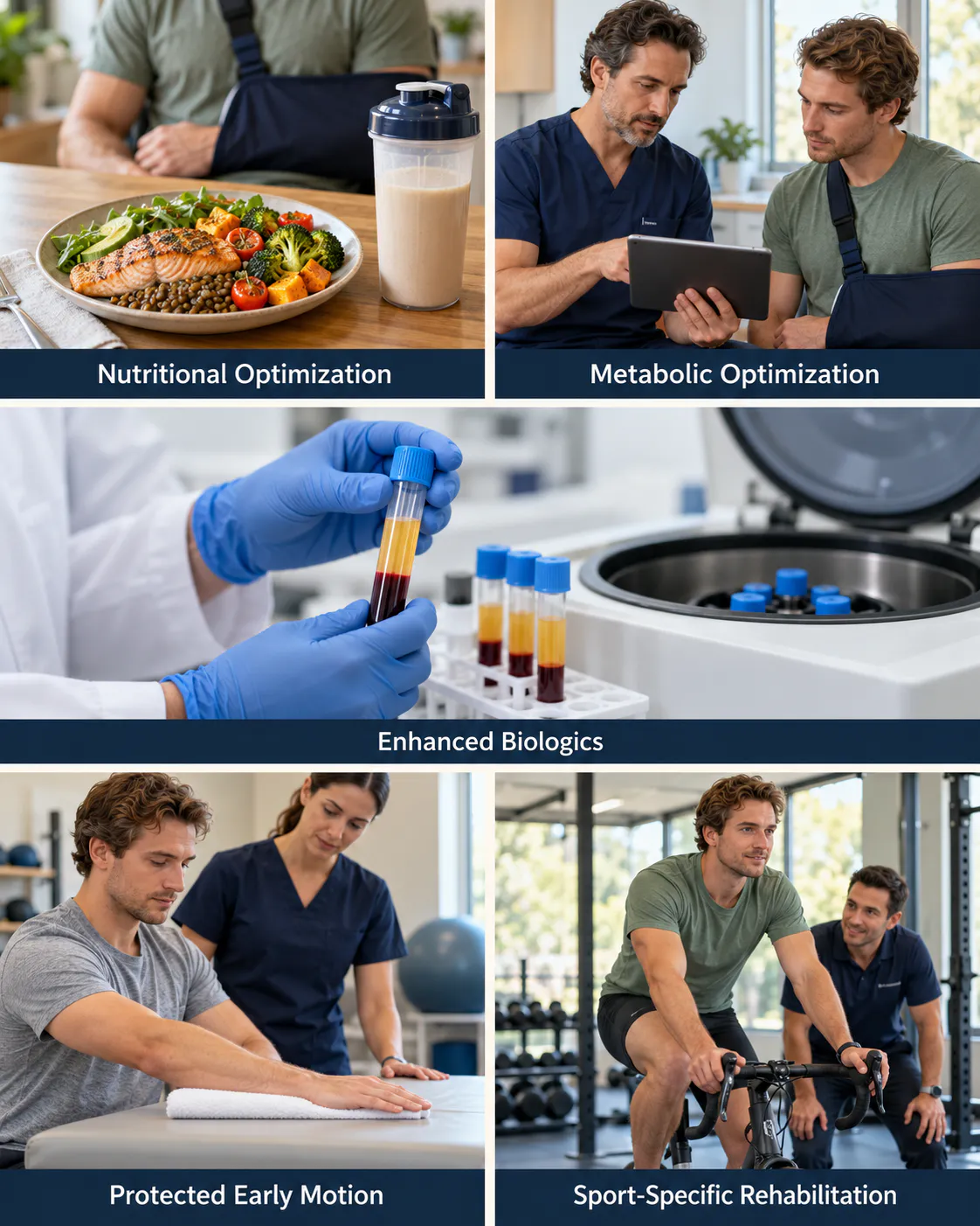 Five-panel graphic of the Surgical Athlete recovery approach: nutritional optimization, metabolic optimization, enhanced biologics, protected early motion and sport-specific rehabilitation.